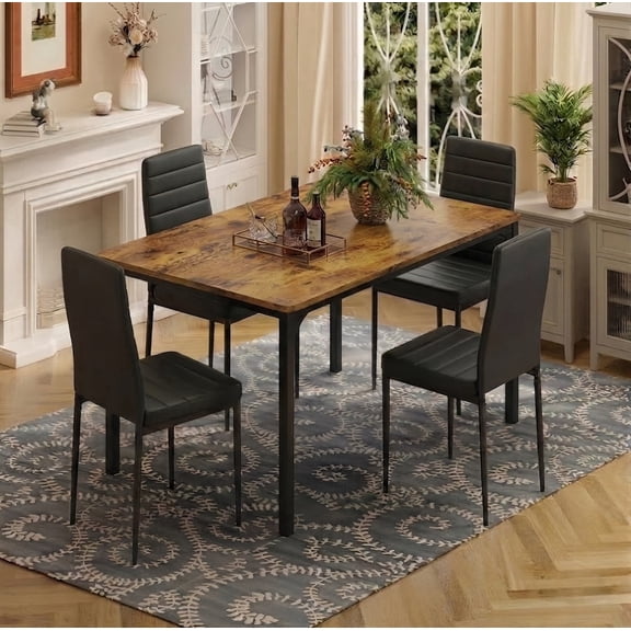 Asofer Dining Table Set for 4 with PU Chairs, Kitchen Table and Chairs for Dining Room Breakfast Nook, Retro