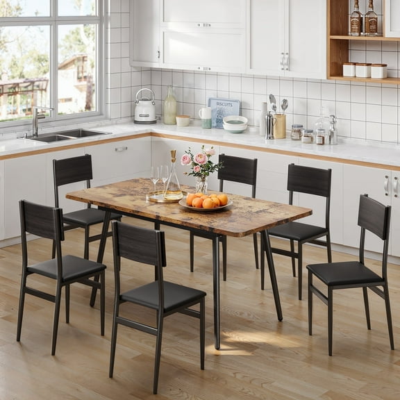 Asofer 63” Dining Table Set for 6 with PU Chairs, Extendabl Kitchen Table and 6 Chairs, Card Table for Breakfast Nook, Retro