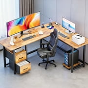Asofer 66” L Shaped Desk with Drawers, Reversible Corner Computer Gaming Desk with Power Outlet, Rustic Brown