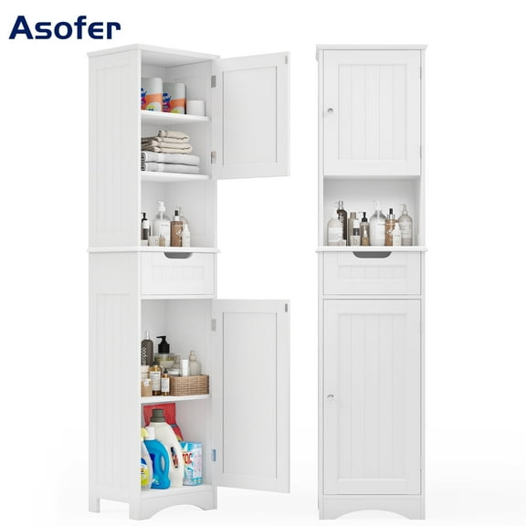 Asofer 67" Tall Bathroom Storage Cabinet, Narrow Linen Tower with Door & Drawer, White