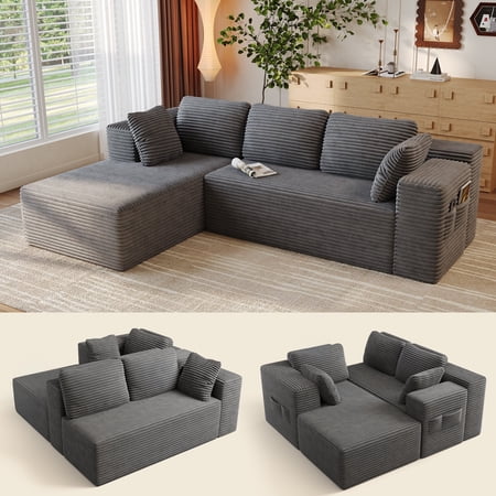 Asofer L-Shaped Modular Sectional Sofa with Chaise for Living Room, No Assembly Required, Dark Grey