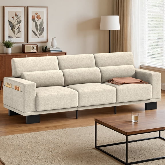 Asofer 68" Sofa Couch with 3 Soft Pillow & Large Storage Pocket for Living Room, Small Space, White