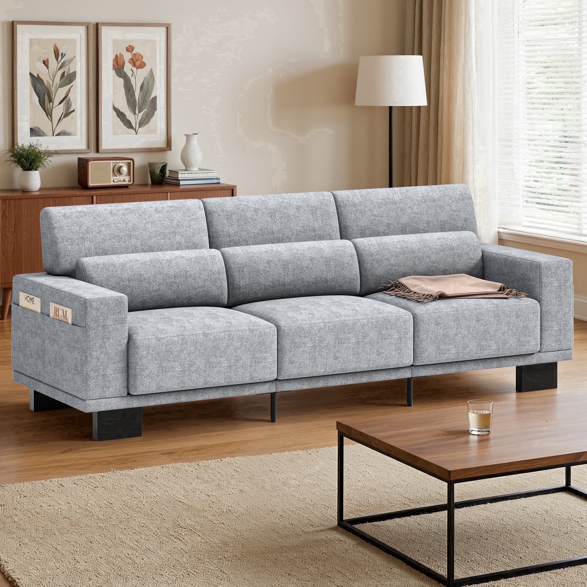 Asofer 89" 3 Seater Sofa Couch, Comfy Extra Deep Seat with Upholstered 3 Pillows for Living Room, Apartment, Gray