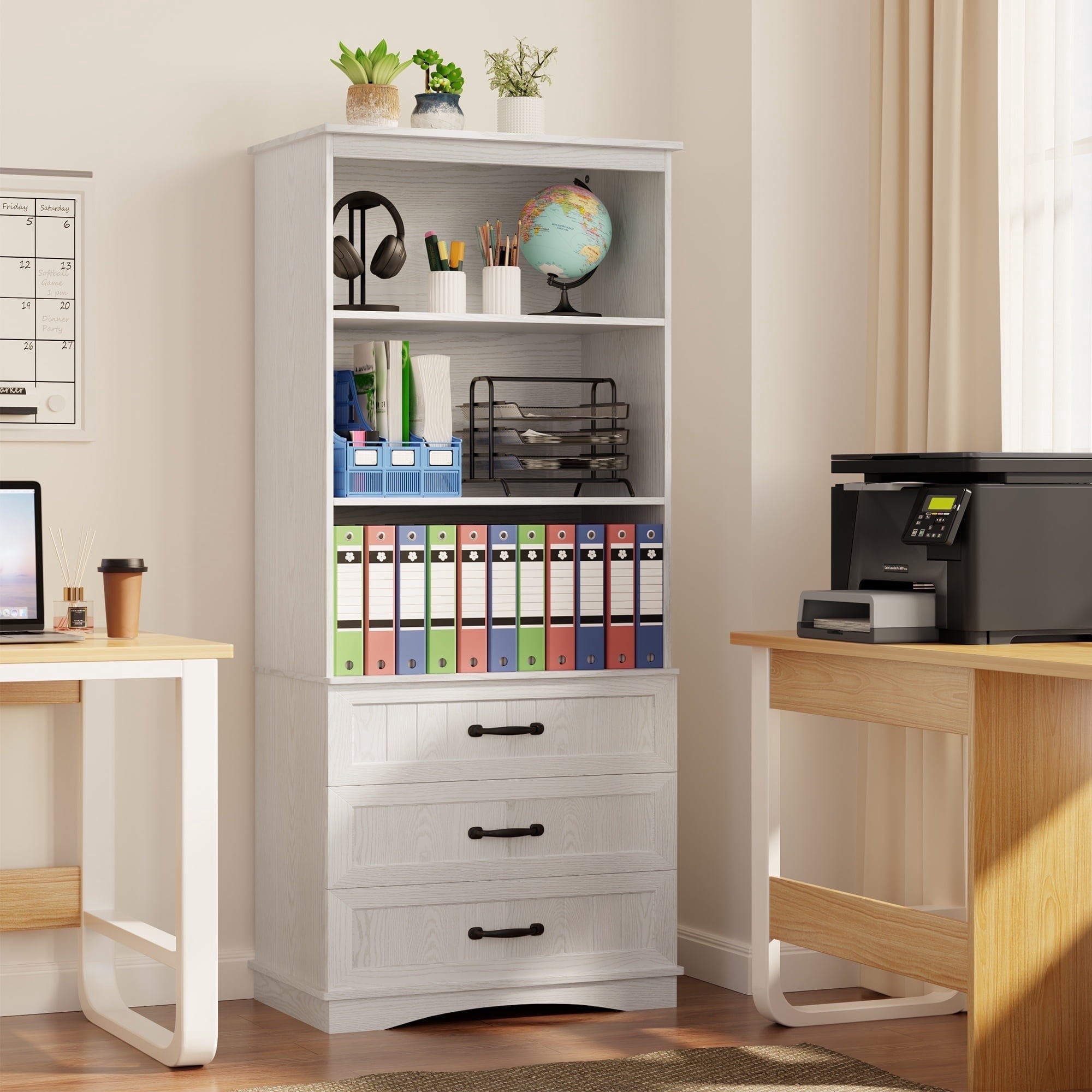 Asofer 69.7" Tall White Bookcase with 3 Drawers, Storage Cabinet for Office, Living Room, Bedroom