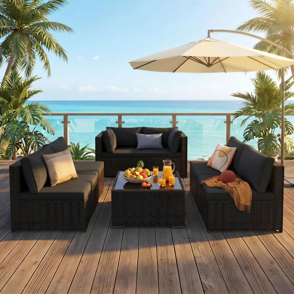 Patio Furniture Set on Sale, Asofer 7-PCS Outdoor Conversation Sectional Sofa with Cushion Glass table for Porch, Poolside