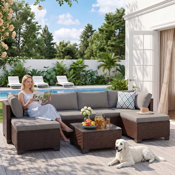 Patio Furniture Set on Sale, Asofer 7-PCS Outdoor Conversation Sectional Rattan Sofa with Cushion Glass table for Porch, Poolside