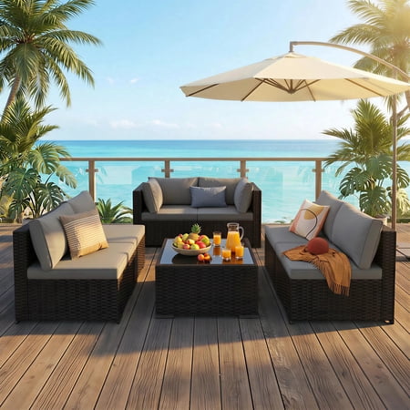 Patio Furniture Set on Sale, Asofer 7-PCS Outdoor Conversation Sectional Sofa with Cushion Glass table for Porch, Poolside, Gray