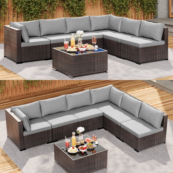 Asofer 7-PCS Outdoor Patio Furniture Set, Conversation Sectional Sofa with Cushion, Glass table for Porch, Poolside, Gray