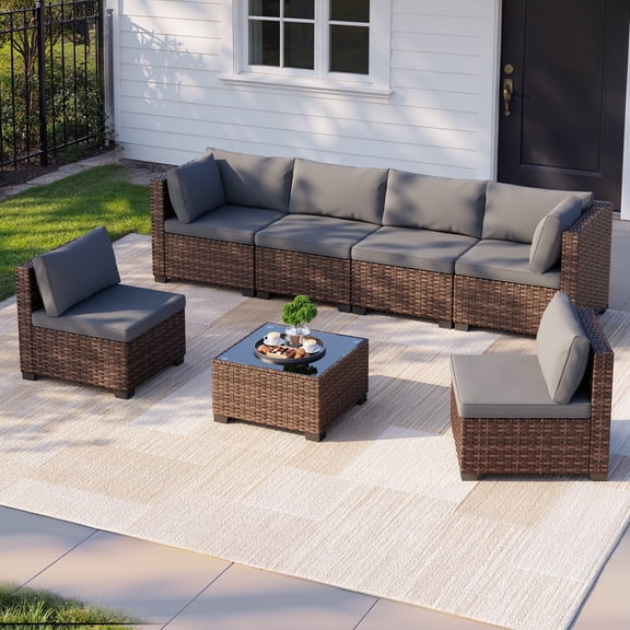 Asofer 7-PCS Outdoor Patio Furniture Set, Conversation Sectional Sofa with Cushion, Glass table for Porch, Poolside, Gray