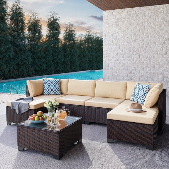 Asofer 7 Piece Outdoor Patio Conversation Sets,Patio Sectional Furniture Set with Ottomans and A Coffee Table for Courtyard,Poolside,Party,Beige