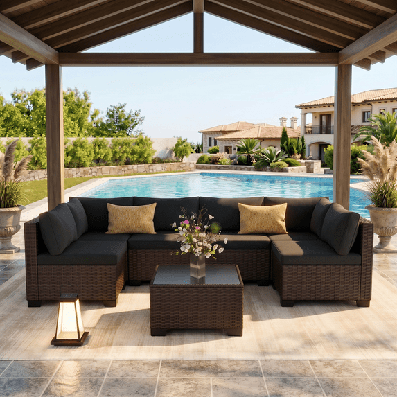 7 Piece Outdoor Patio Conversation Sets,Asofer Patio Sectional Furniture Set and A Coffee Table for Courtyard,Poolside,Party