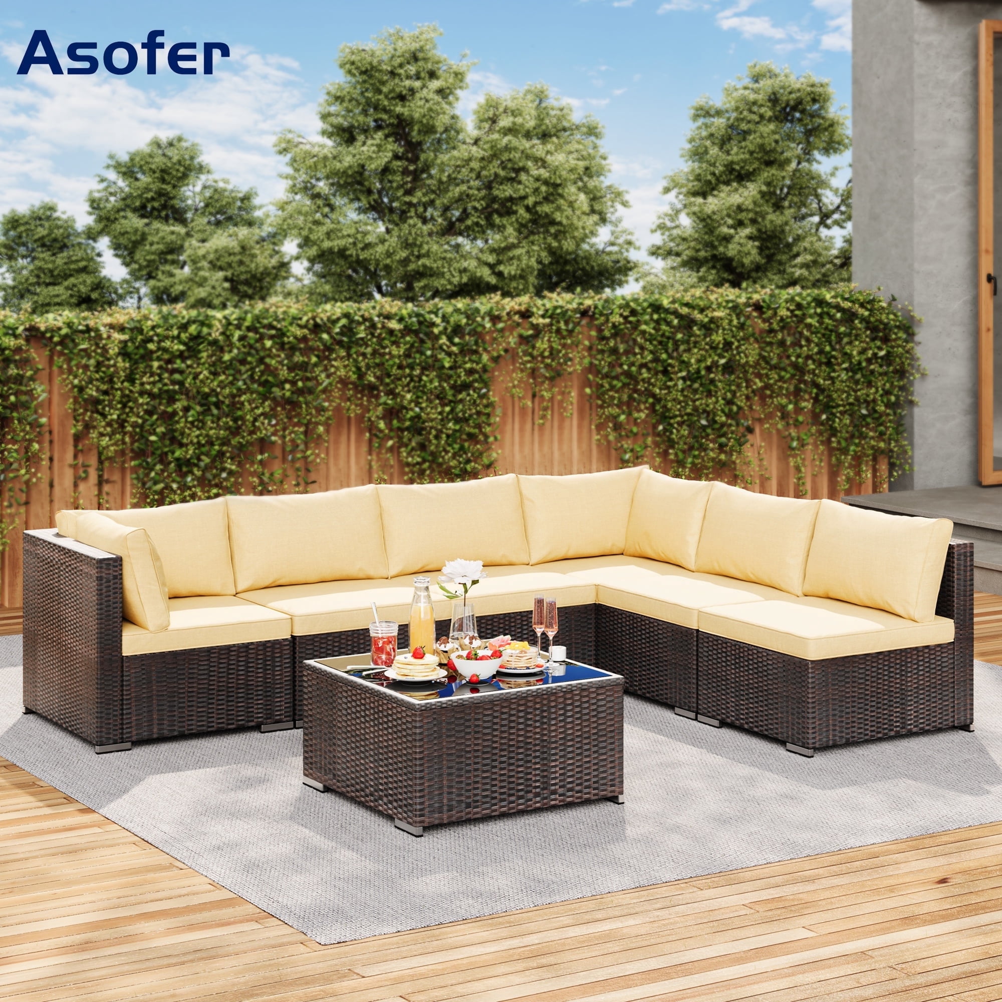 Asofer 7-Piece Outdoor Patio Furniture, Conversation Sectional Set with Cushion , Glass table,for Porch, Poolside, Beige