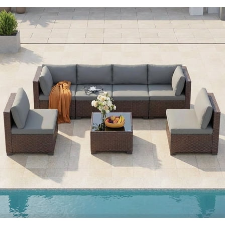 Asofer 7 Pieces Patio Furniture Set, Outdoor Conversation Sectional PE Rattan Wicker Furniture Sofa, Gray