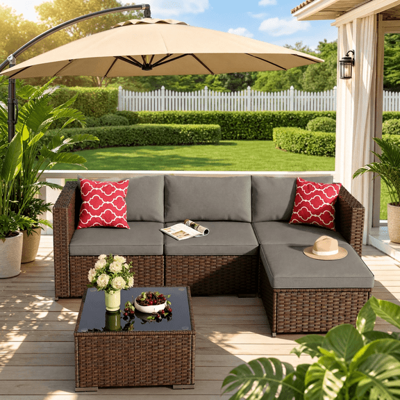 Patio Furniture Set on Sale, Asofer 5 Pieces Outdoor Conversation Sectional PE Rattan Wicker Furniture Sofa, Gray