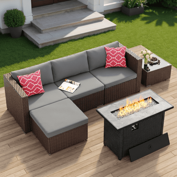 Asofer 7-Piece Patio Furniture Set with Rattan Sofa & Thickened Cushions & Coffee Table for Garden, Backyard, Gray