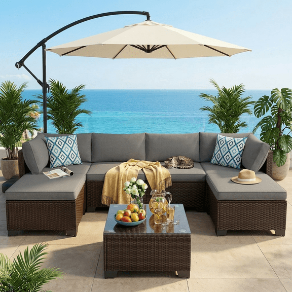 Patio Furniture Set, Asofer 7-PCS Sectional Rattan Sofa with Cushions & Coffee Table for Garden, Backyard, Gray