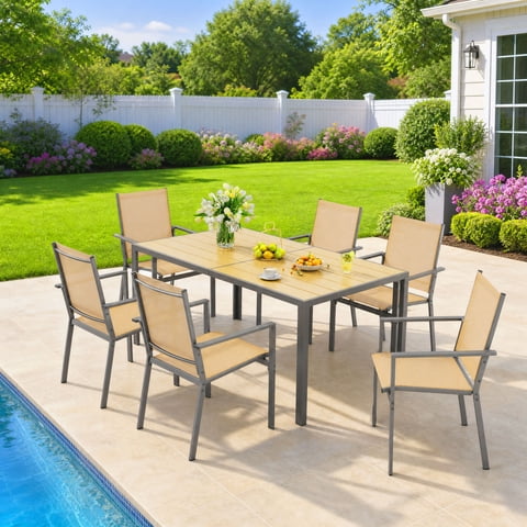 Patio Dining Set For 6, Asofer 7 Pcs Outdoor Dining Set with Metal Table with Umbrella Hole And Stackable Textilene Chairs for Garden & Yard