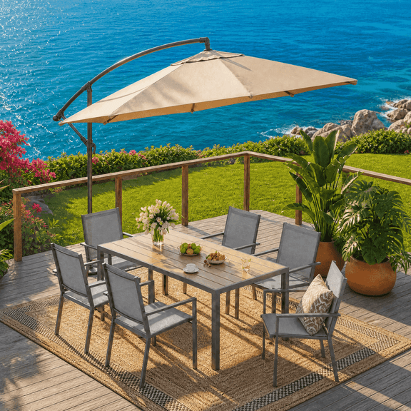 Patio Dining Set For 6, Asofer 7 Pcs Outdoor Dining Set with Metal Table with Umbrella Hole And Stackable Textilene Chairs for Garden & Yard, Gray