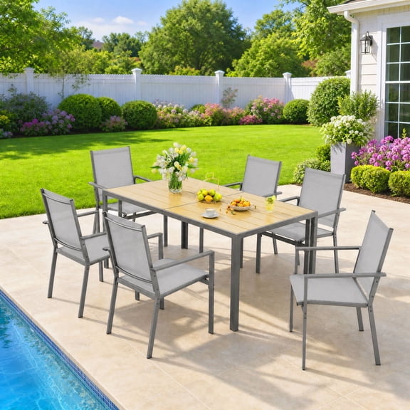 Patio Dining Set For 6, Asofer 7 Pcs Outdoor Dining Set with Metal Table with Umbrella Hole And Stackable Textilene Chairs for Garden & Yard, Gray