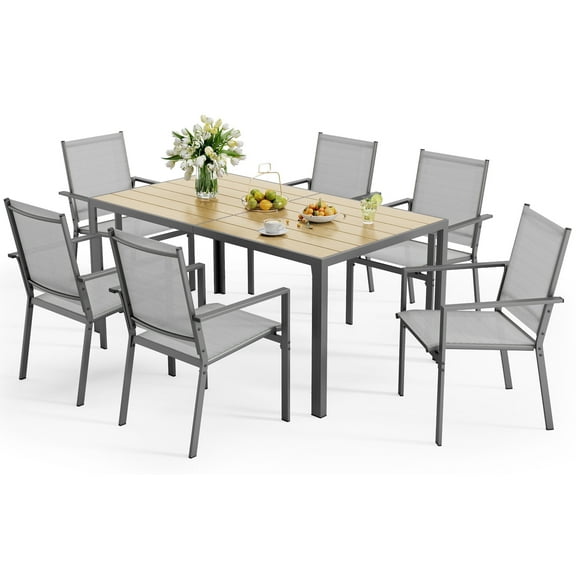 Asofer 7 Pieces Outdoor Patio Dining Set, 1 Rectangle Steel Square Table & 6 Stackable Textilene Chairs, Gray