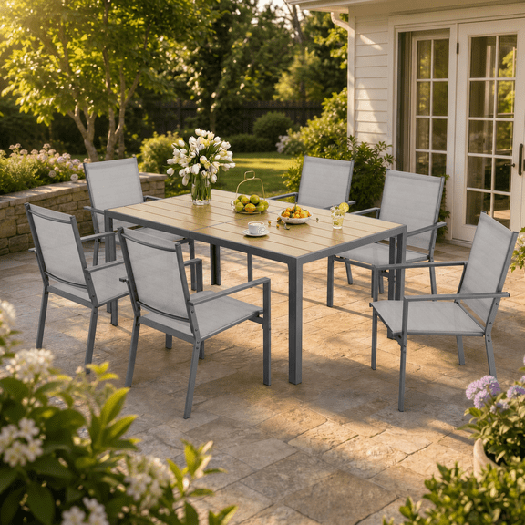 Patio Dining Set For 6, Asofer 7 Pcs Outdoor Dining Set with Metal Table with Umbrella Hole And Stackable Textilene Chairs for Garden & Yard, Gray
