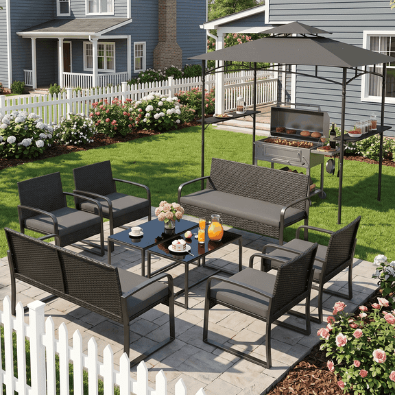 Asofer Patio Furniture Set, Outdoor Rattan Conversation Set include BBQ Canopy for Backyard, Garden, Deck, and Parties