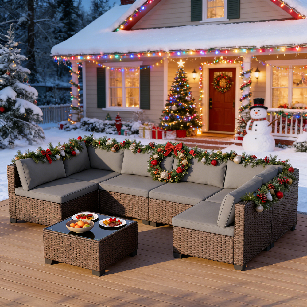 Asofer 7 Pieces Outdoor Patio Furniture Set,PE Rattan Outdoor Wicker Conversation Sofa Set with Upgraded Feet and Glass Coffee Table,for Greenhouse,Balcony,Porch,Garden,Gray