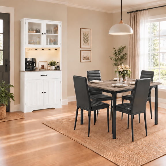 Asofer Dining Table Set with LED Light Pantry Cabinet, Kitchen Storage Hutch Buffet Cabinet with 4 Chairs for Small Spaces, Black