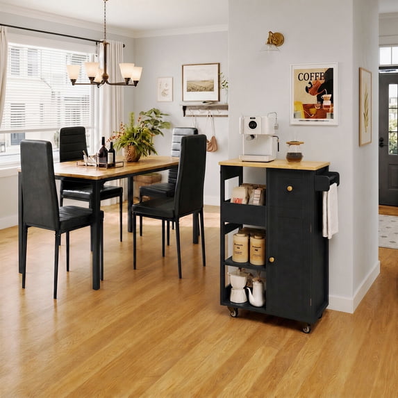 Asofer 5-Piece Dining Table Set for 4 with Rolling Kitchen Cart, Space Saving Dinette Set Bundle For Apartment, Black