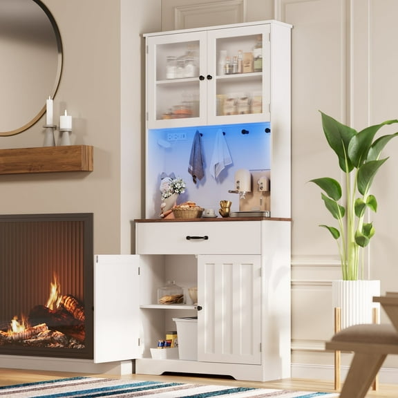 Asofer 71" H Farmhouse Pantry Cabinet with LED Lights, Charging Station, Doors & Drawers, Retro