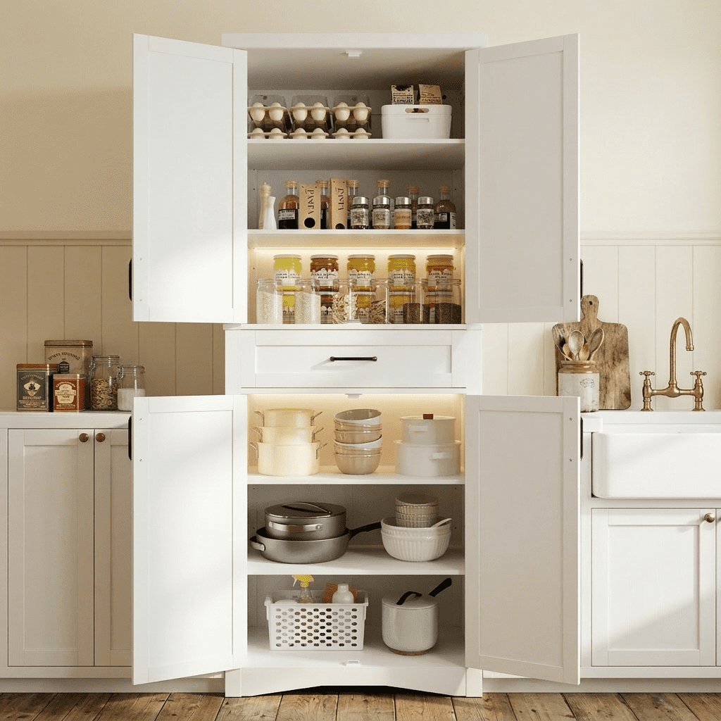 Asofer 71" Kitchen Pantry Storage Cabinet with 4 Barn Doors & 4 Adjustable Shelves & 1 Drawer for Dining Room, Living Room,White