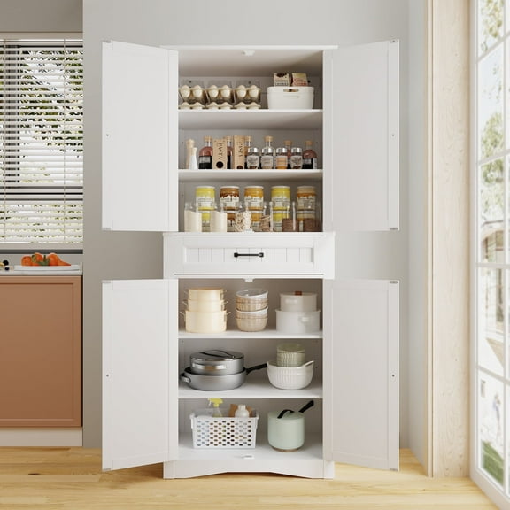 Asofer 71" Kitchen Pantry Storage Cabinet with 4 Barn Doors & 4 Adjustable Shelves & 1 Drawer for Dining Room, Living Room,White