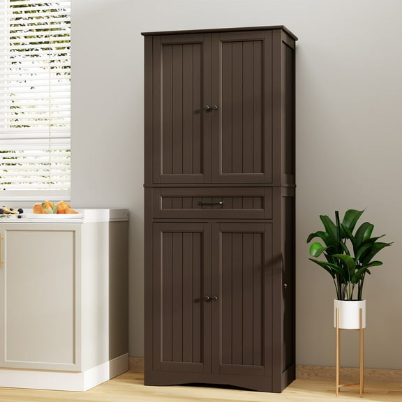 Asofer 71" Modern Pantry Storage Cabinet with Doors and Adjustable Shelves for Kitchen, Living Room, Dark Brown