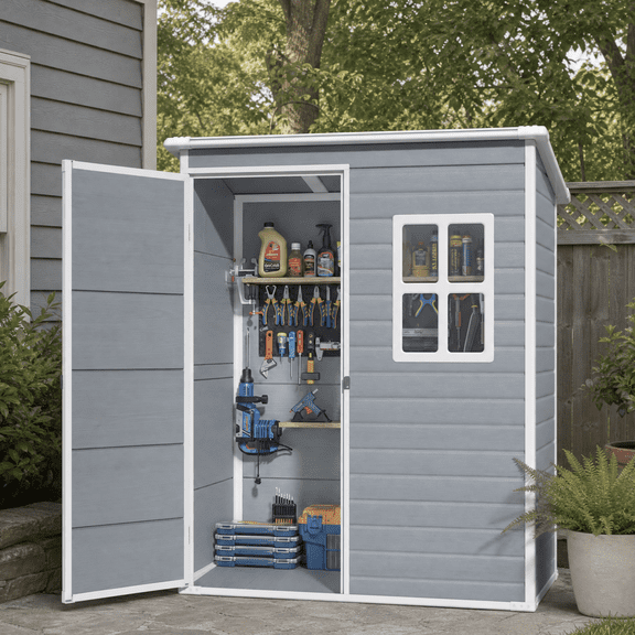 Asofer 5x3ft Gray Resin Storage Shed, Weatherproof Outdoor Garden Tool Shed with Reinforced Floor, Ventilation & Lockable Door for Backyard Patio Lawn