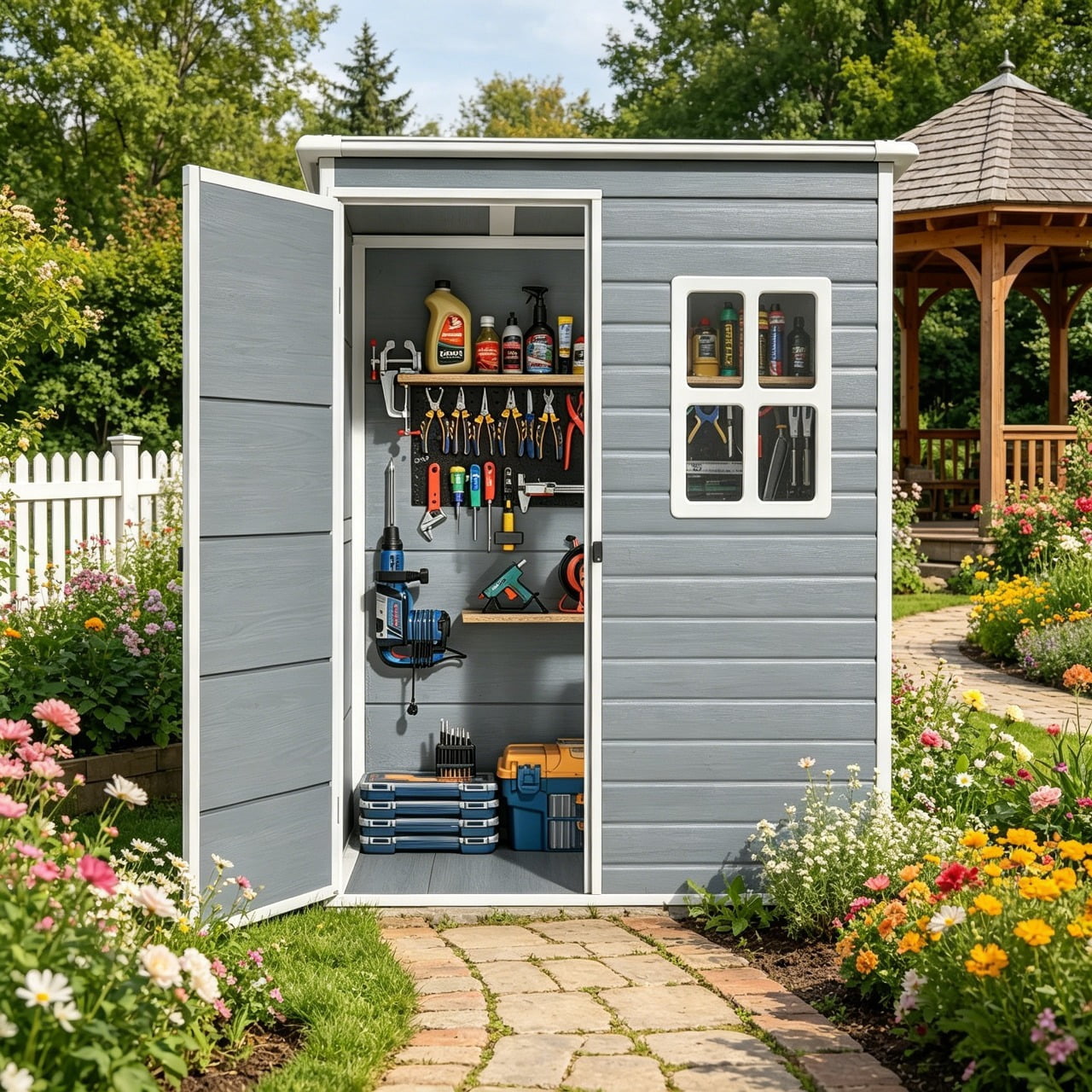 Asofer 72"W x 36"D x 73"H (14.64 sq ft) Resin Outdoor Storage Shed with Floor & Window - Gray