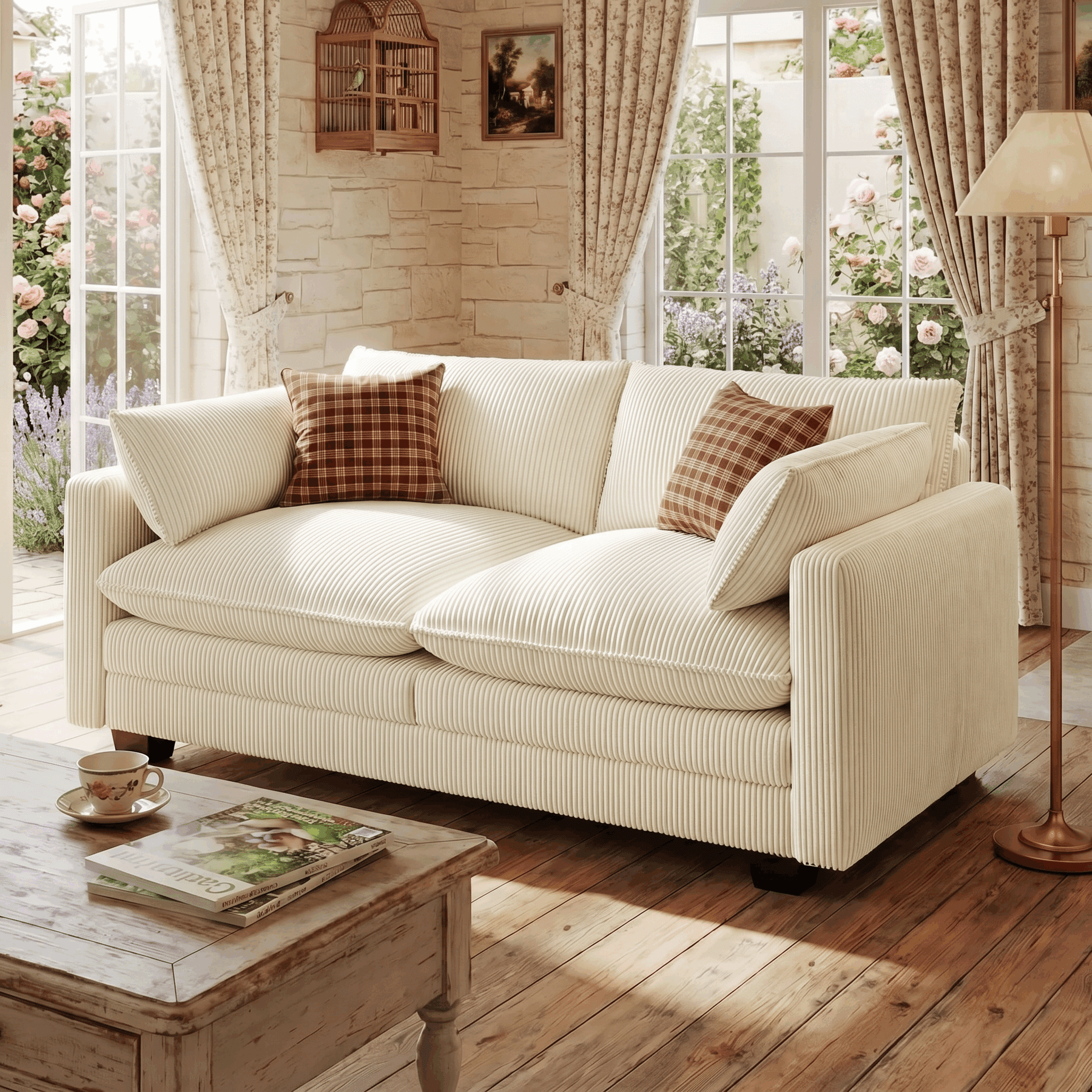 Asofer 75" Loveseat Corduroy Cloud Sofa, Deep Seat 2 Seater with Washable Cushion & 2 Pillows for Living Room Apartment, Beige