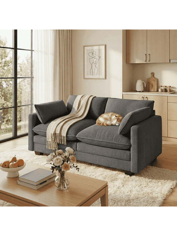 75" Loveseat Corduroy Cloud Sofa, Deep Seat 2 Seater with Washable Cushion & 2 Pillows for Living Room Apartment, Gray