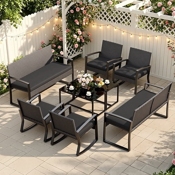 Patio Furniture Set on Sale, Outdoor Rattan Wicker Rocking Chair with Coffee Table for Backyard, Poolside, Porch, Gray