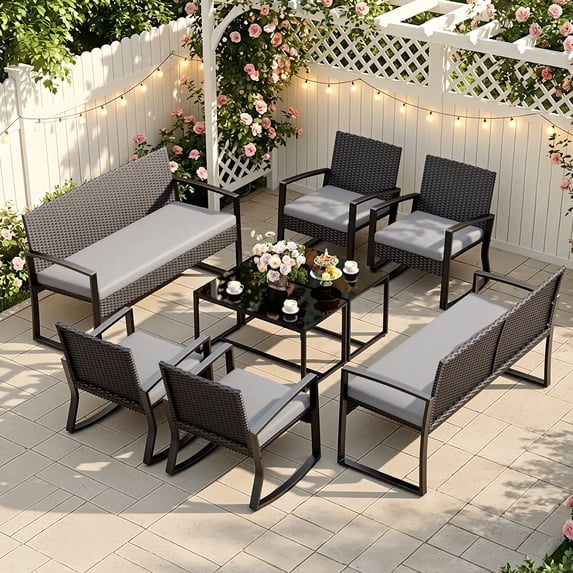 Asofer 8-PCS Patio Furniture Set, Outdoor Rattan Wicker Rocking Chair with Coffee Table for Backyard, Poolside, Porch