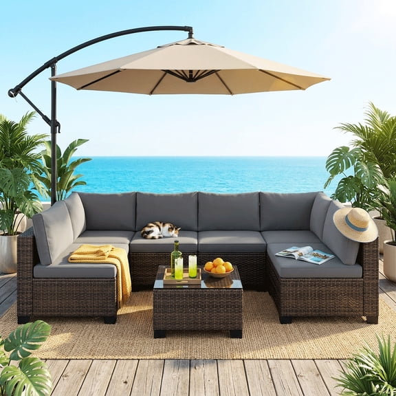 Patio Furniture Set on Sale, Outdoor Rattan Wicker Rocking Chair with Coffee Table for Backyard, Poolside, Porch, Gray