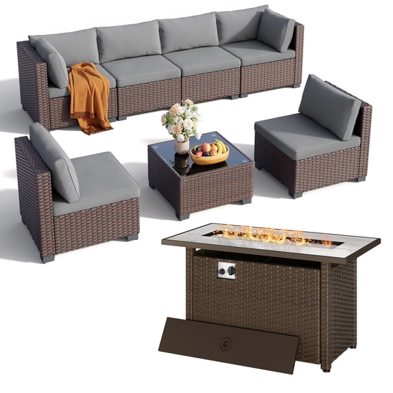 Asofer 8 Piece Outdoor Patio Conversation Sets,Patio Sectional Furniture Set with Fire Pit and A Coffee Table for Courtyard,Poolside,Party,Gray