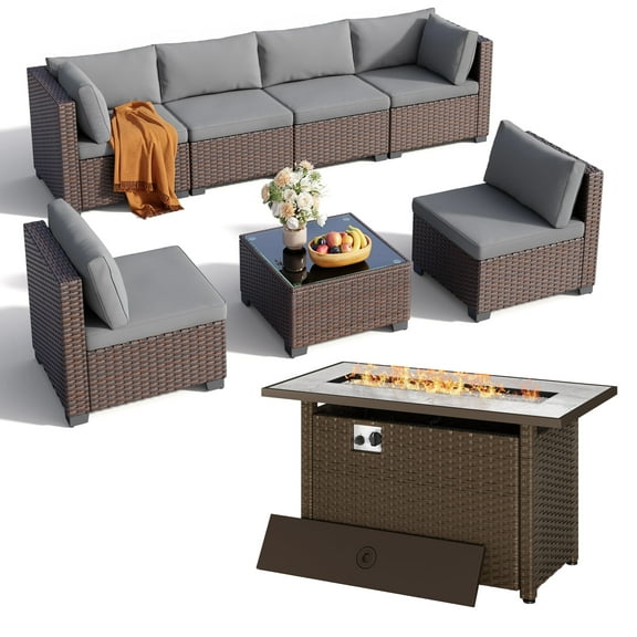 Asofer 8 Piece Outdoor Patio Conversation Sets，Patio Sectional Furniture Set with Fire Pit and A Coffee Table for Courtyard，Poolside，Party，Gray