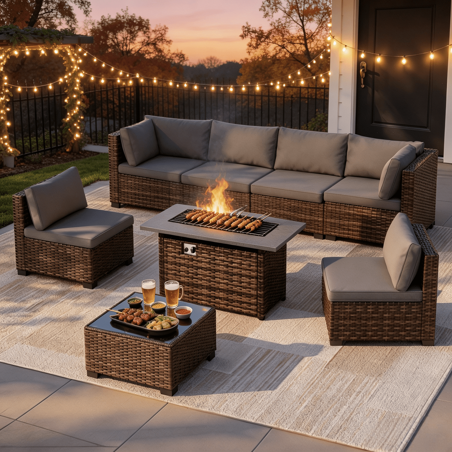 Asofer 8 Piece Outdoor Patio Conversation Sets，Patio Sectional Furniture Set with Fire Pit and A Coffee Table for Courtyard，Poolside，Party，Gray