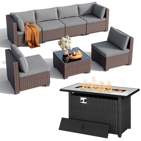 Asofer 8 Piece Outdoor Patio Conversation Sets,Patio Sectional Furniture Set with Fire Pit and A Coffee Table for Courtyard,Poolside,Party,Gray
