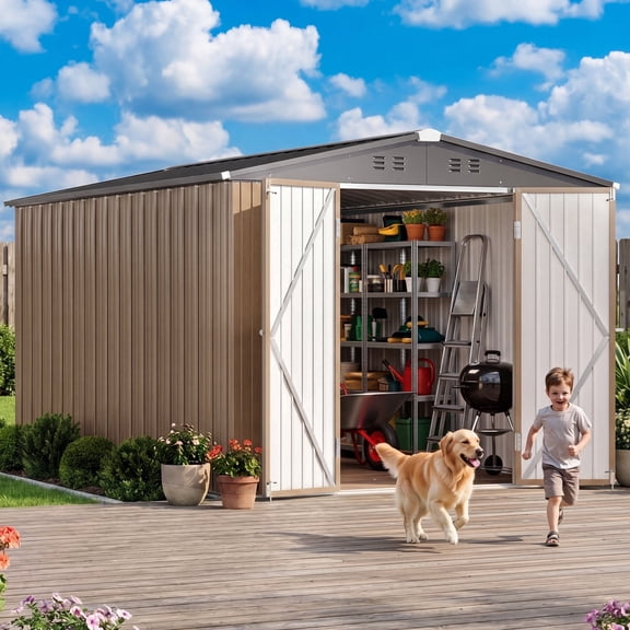 Asofer 8' x 12' Large Outdoor Metal Storage Shed, Galvanized Steel Tool Shed with Lockable Double Door, Sloped Roof Weatherproof for Backyard, Brown