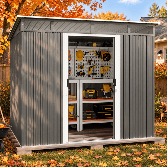 Asofer 8 x 6 FT Outdoor Storage Shed Clearance, Garden Tool Shed for Outsides,Yard, Patio, Gray
