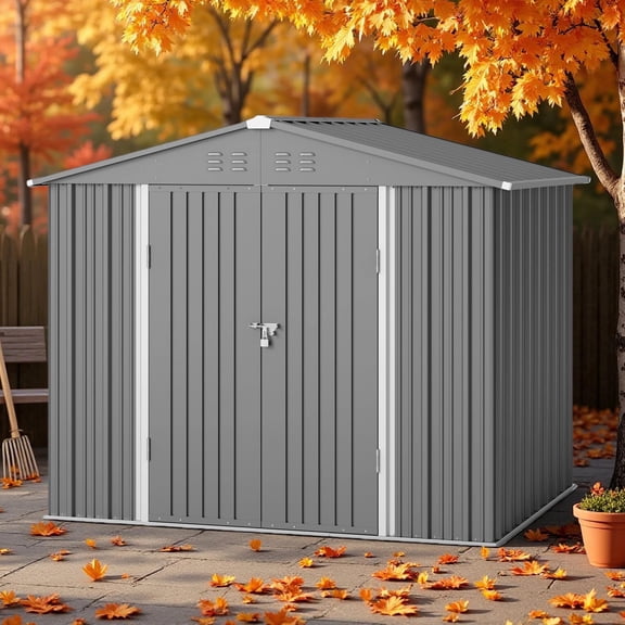 Asofer 8' x 6' Outdoor Storage Shed, Tool shed, Outdoor Storage Clearance for Backyard Patio, Gray