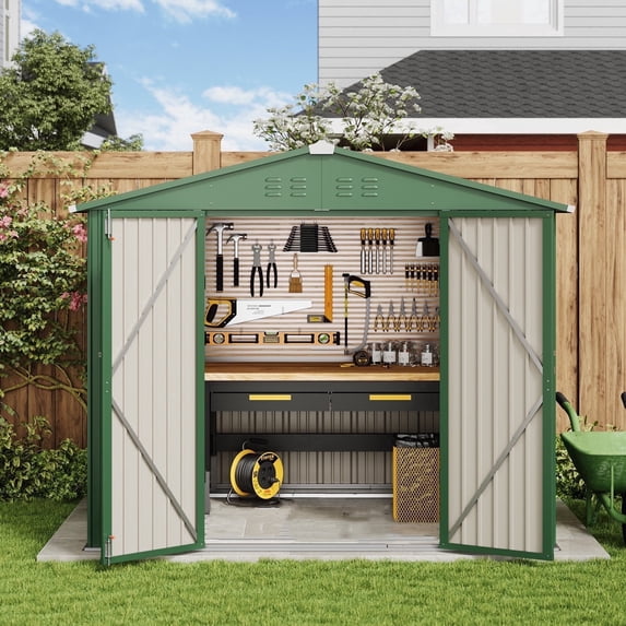 Asofer 8' x 6' Outdoor Storage Shed with Lockable doors, Metal Tool Shed Storage for Garden, Lawn, Green