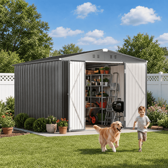 Asofer 8x12 FT Metal Outdoor Storage Shed with Gable Roof, Lockable Double Doors & 4 Air Vents, Heavy Duty Weatherproof Steel Tool Cabinet for Backyard Patio Lawn, Gray