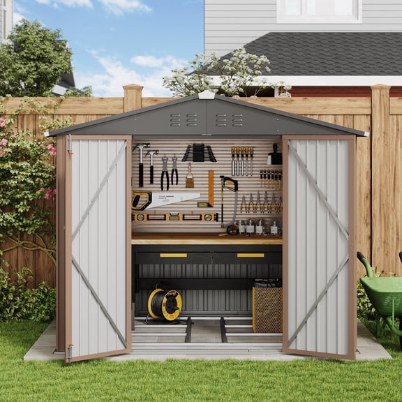 Asofer 8x6 Foot Metal Outdoor Storage Shed, Hinged Double Lockable Doors, Rustproof Galvanized Steel Utility Shed for Yard Lawn Garden，Light Brown